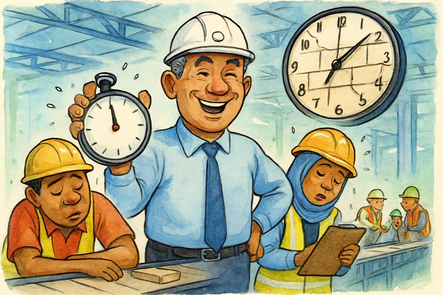 Kartun seorang supervisor bangga memegang stopwatch sementara pekerjanya kelelahan di lantai produksi pabrik Indonesia.
