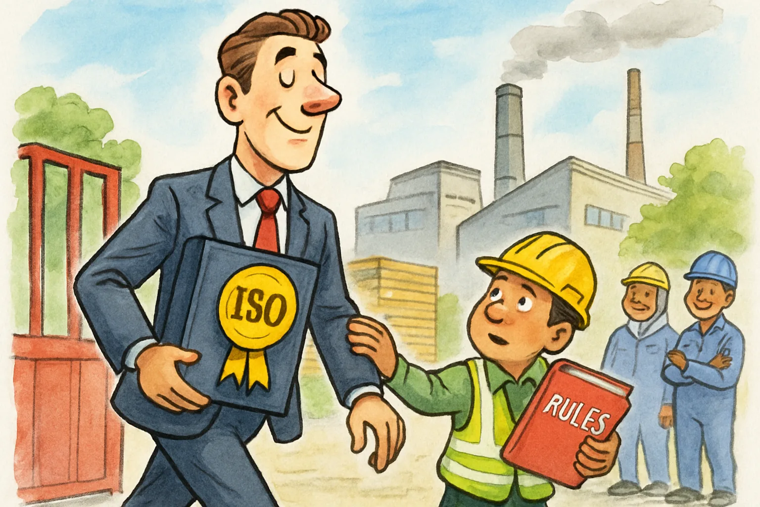 Kartun seorang eksekutif asing membawa sertifikat ISO emas sementara petugas K3 lokal menunjukkan buku peraturan yang belum dibuka di depan pabrik.