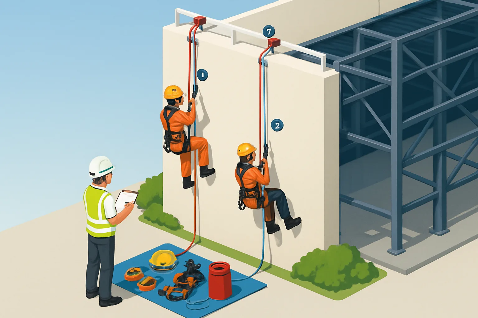 Ilustrasi isometrik dua teknisi rope access dengan tali kerja dan tali keselamatan terpisah di fasad industri, serta perlengkapan tertata rapi di atas terpal.