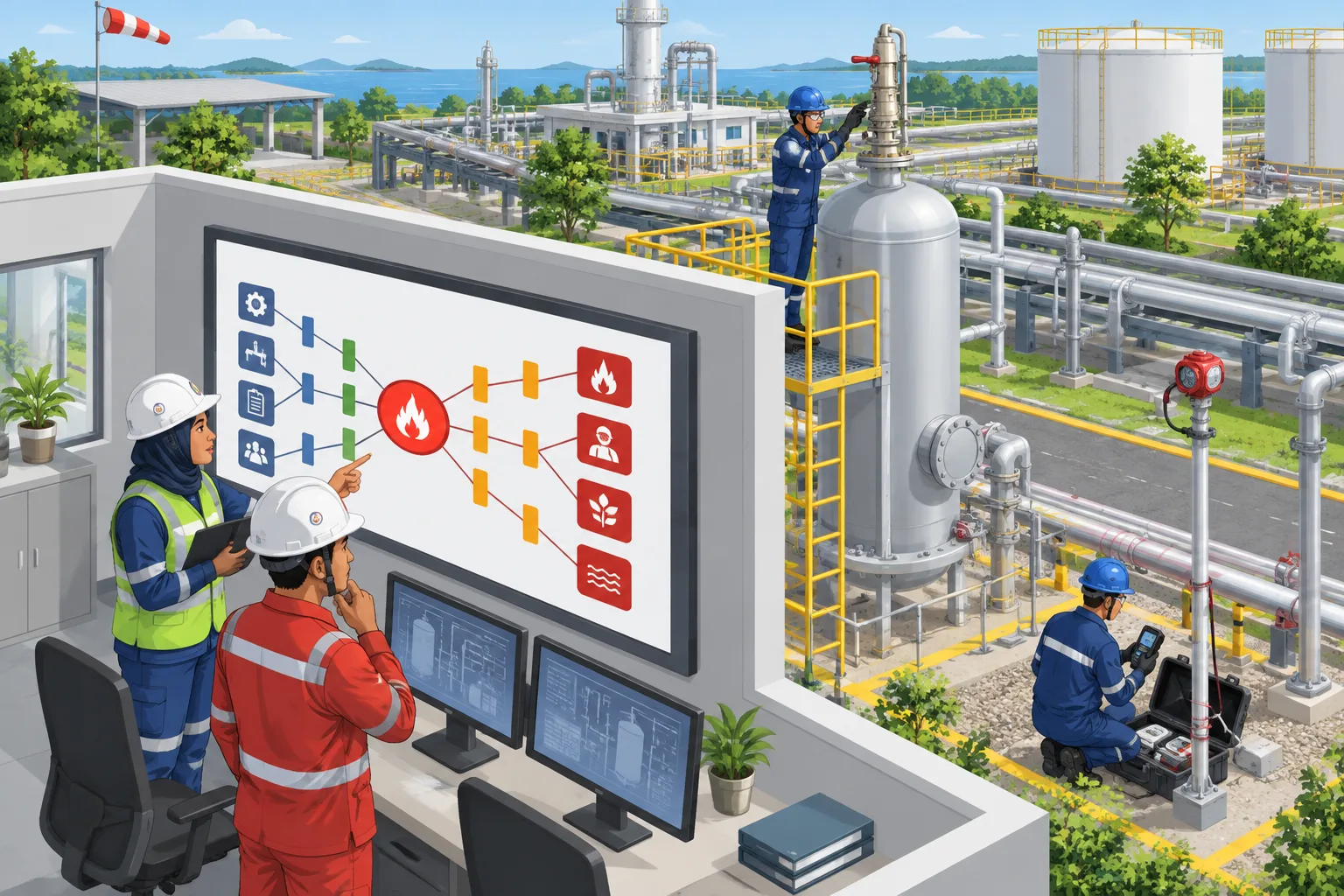 Ilustrasi isometrik pabrik proses yang tertata rapi, memperlihatkan insinyur K3 dan operator ruang kontrol meninjau diagram bow-tie, sementara teknisi menguji katup pengaman dan detektor gas.