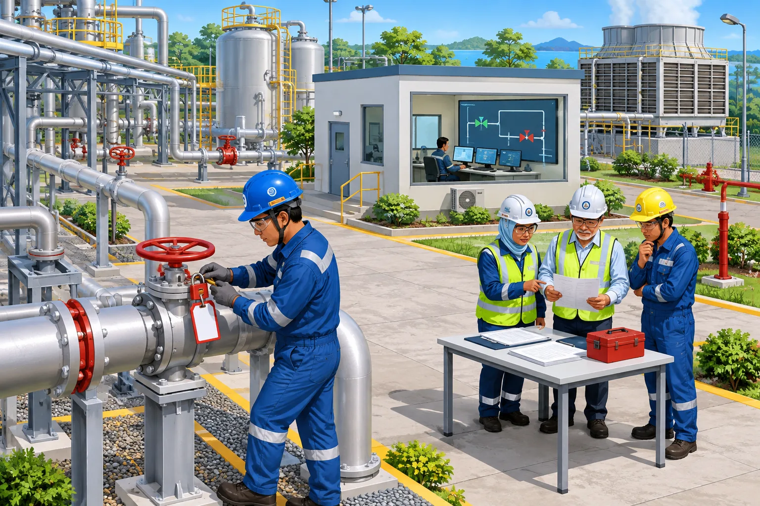 Ilustrasi isometrik teknisi pemeliharaan memasang gembok pada katup pipa sementara supervisor dan operator meninjau formulir izin kerja di dekat operator ruang kontrol.