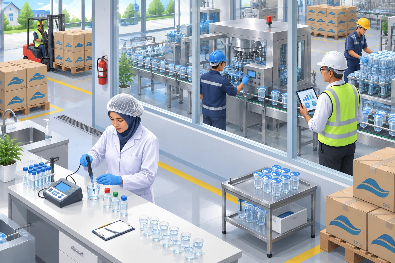 Ilustrasi isometrik analis QC mengkalibrasi pH meter di laboratorium pabrik air minum yang bersih, dengan mesin pengisian dan penyegelan beroperasi di belakang dinding kaca.