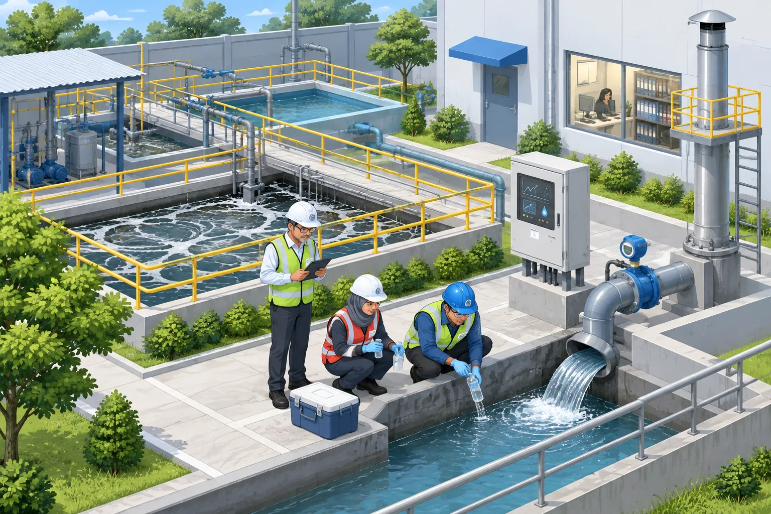 Ilustrasi isometrik pengambilan sampel air limbah di area IPAL pabrik tekstil, dengan petugas pengawas lingkungan dan petugas pabrik yang bekerja sama secara tertib.
