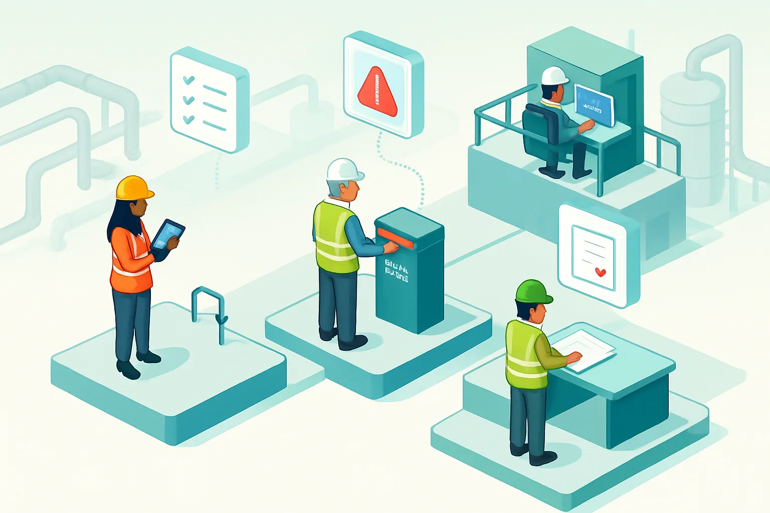 Ilustrasi isometrik pabrik Indonesia dengan tiga alur kerja HSE digital yang terhubung ke satu dasbor manajemen.