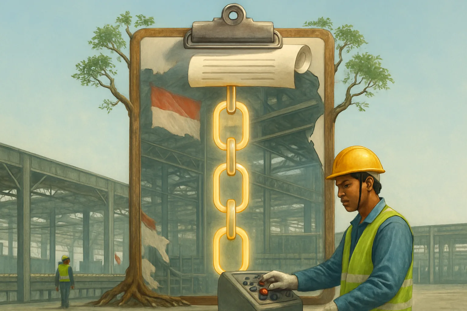 Ilustrasi surealis tentang rantai bukti SMK3 yang menghubungkan dokumen kebijakan dengan kondisi nyata di lantai pabrik.