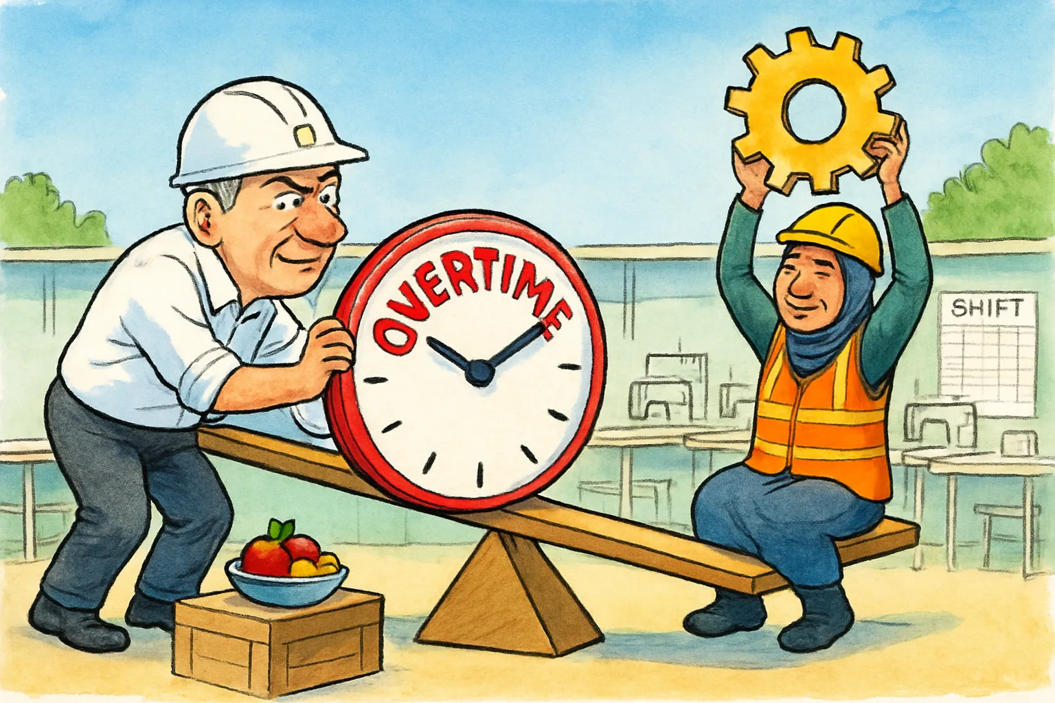 Karikatur supervisor yang menimbang jam lembur dan kesejahteraan pekerja di sebuah pabrik garmen.