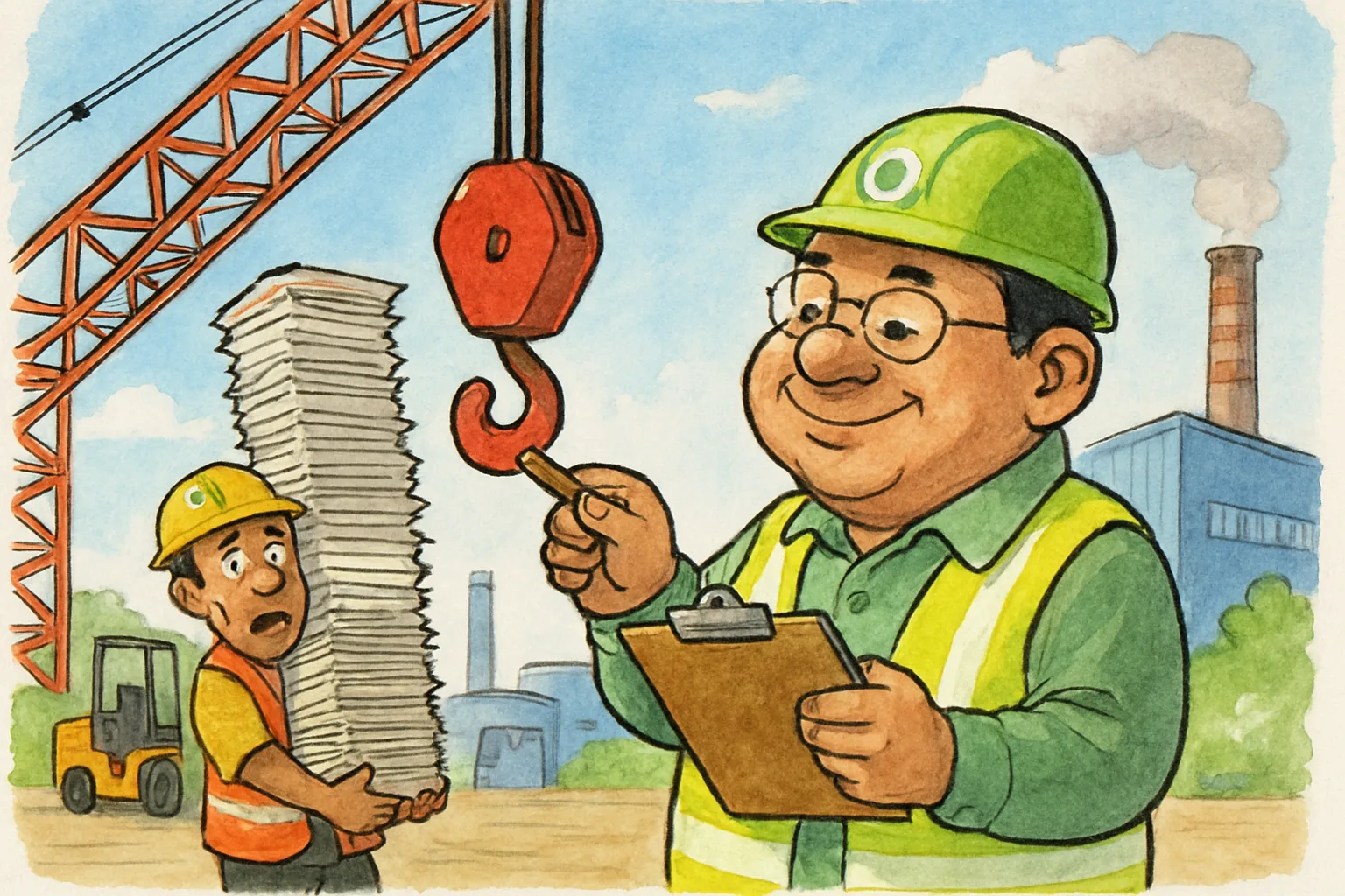 Karikatur inspektur K3 yang memeriksa derek menara sebelum dipakai di pabrik.