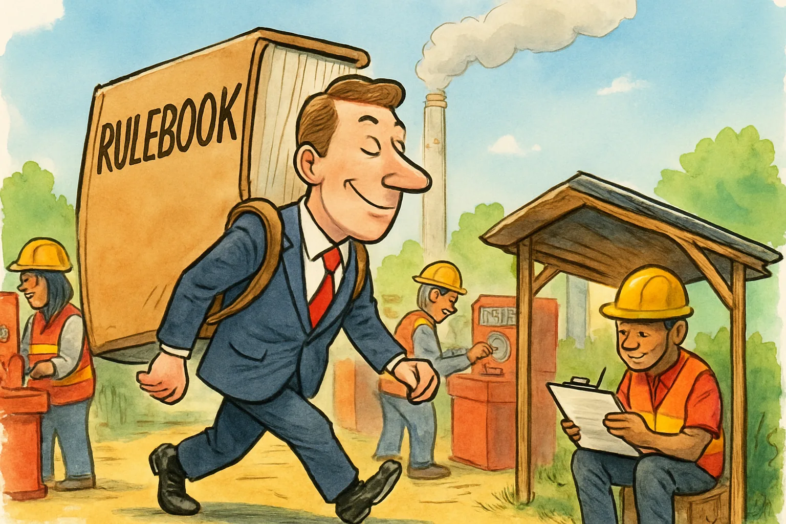 Karikatur manajer asing yang membawa buku aturan besar saat pekerja lokal bekerja di pabrik.