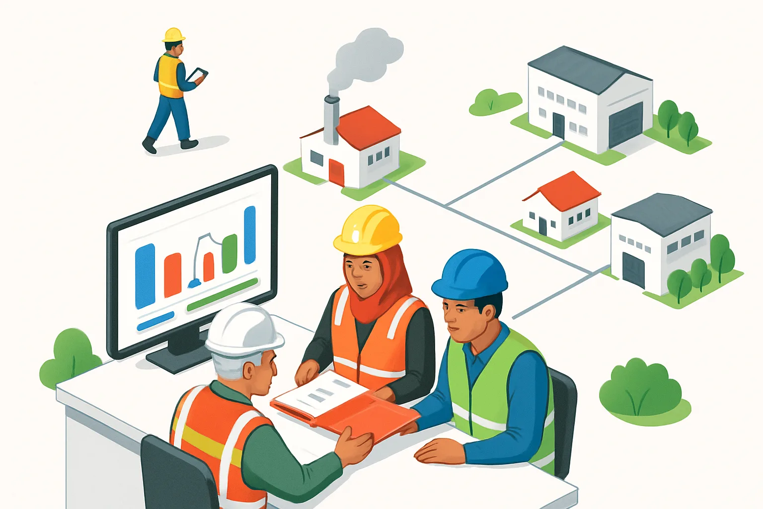 Ilustrasi isometrik tim mutu meninjau pemasok melalui dasbor digital di area pabrik.
