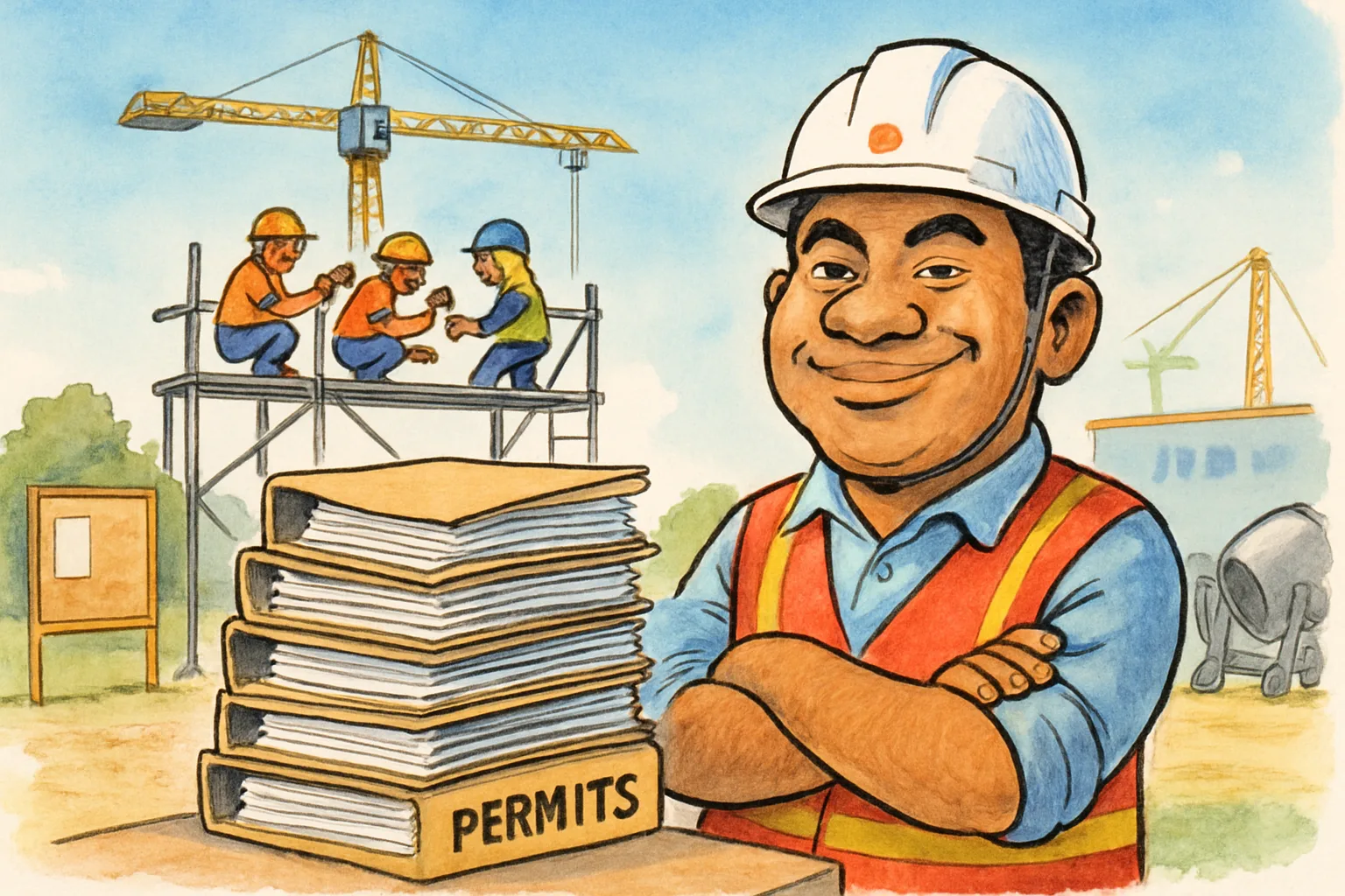 Ilustrasi kartun manajer lapangan yang bangga dengan tumpukan dokumen izin kerja, sementara pekerja di perancah bekerja tanpa pengaman.