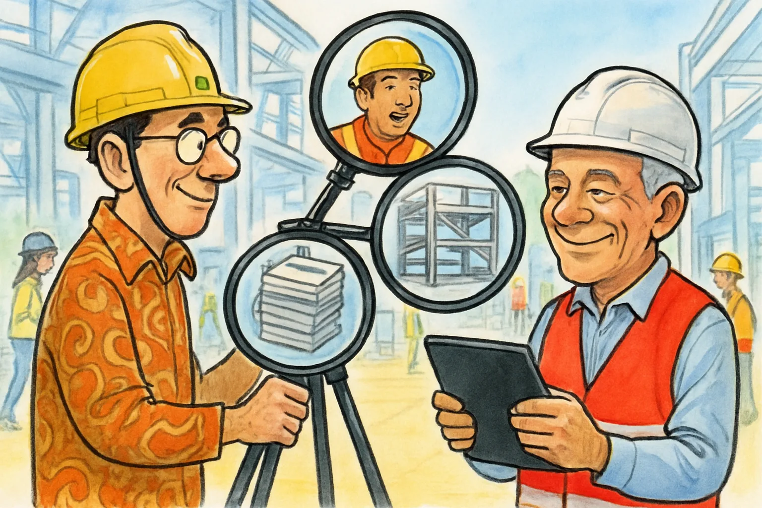 Ilustrasi kartun auditor yang memadukan tiga sumber bukti menjadi satu gambaran budaya keselamatan.