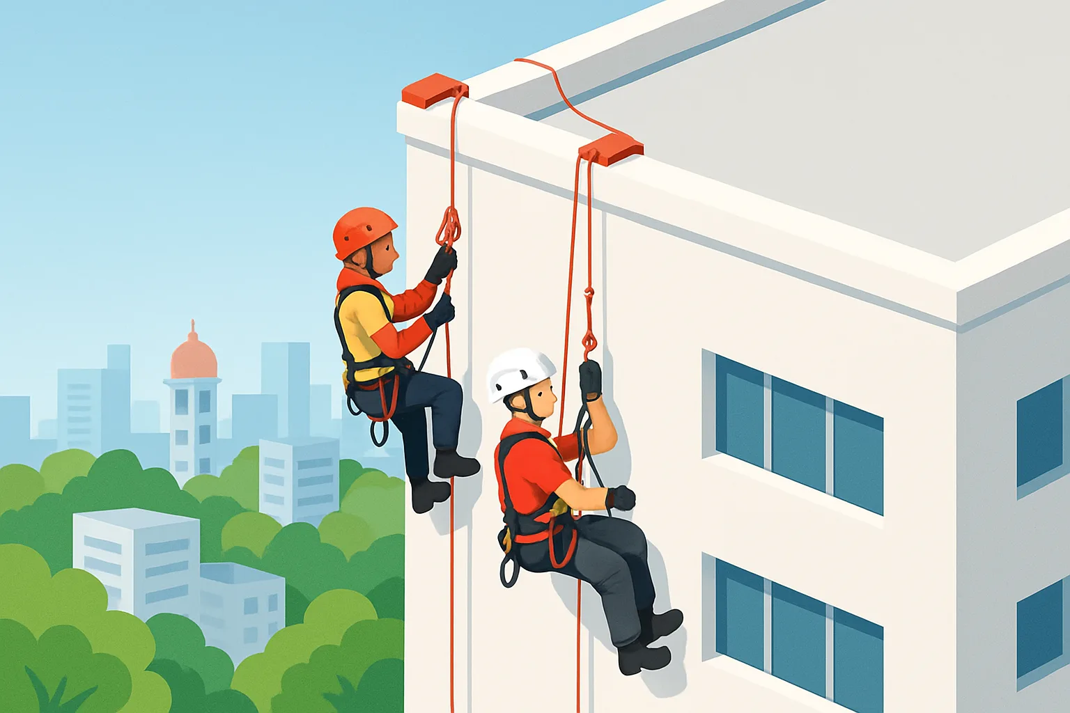 Dua teknisi rope access naik di fasad gedung industri menggunakan tali kerja dan tali keselamatan terpisah.