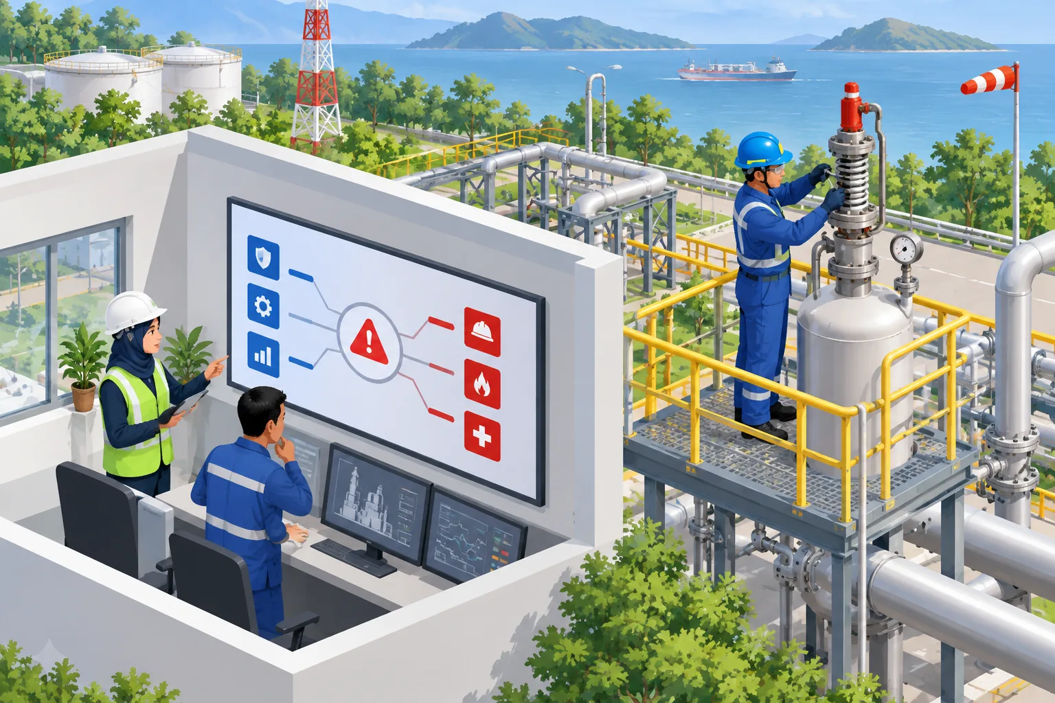 Insinyur HSE dan operator ruang kontrol meninjau diagram penghalang, sementara teknisi menguji katup pengaman di luar.