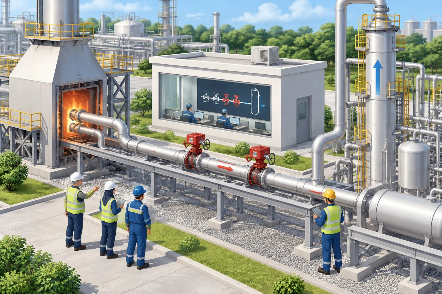 Ilustrasi isometrik dua katup isolasi pada pipa furnace di kilang yang tertata rapi.