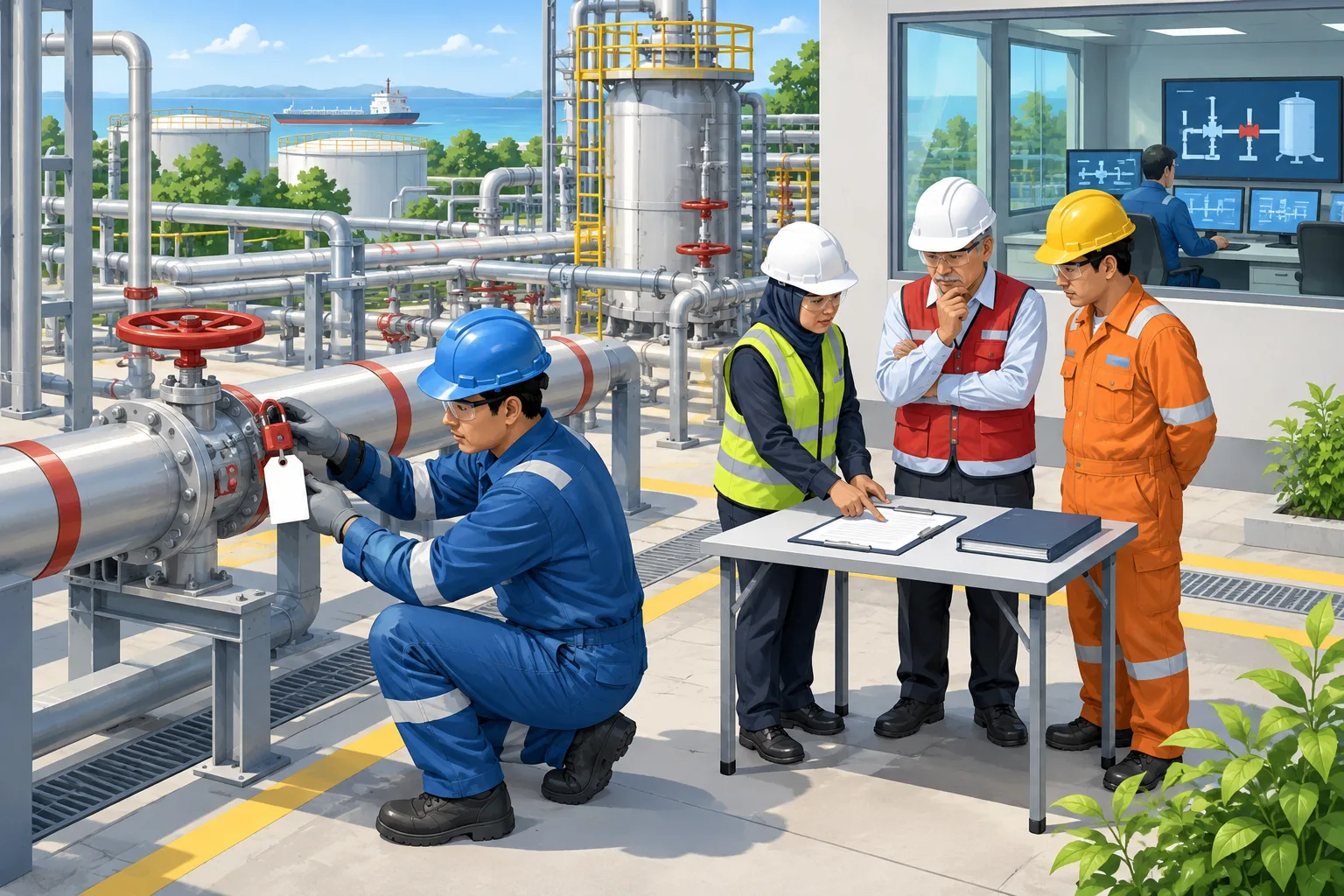 Ilustrasi isometrik teknisi memasang gembok dan tag pada katup, sementara supervisor memeriksa formulir izin kerja.