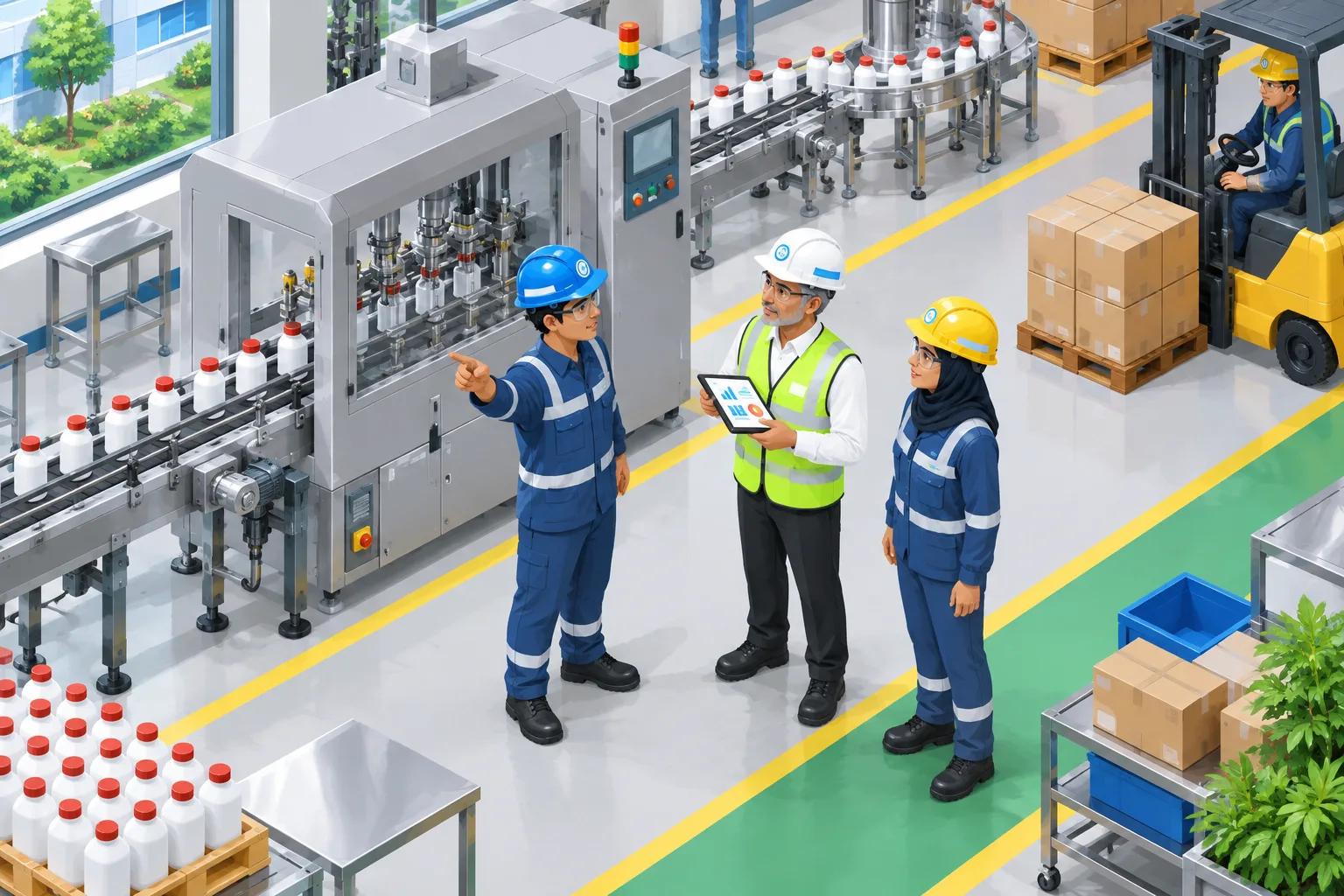Supervisor mendengarkan operator yang menunjuk mesin di lini produksi yang tertata rapi.