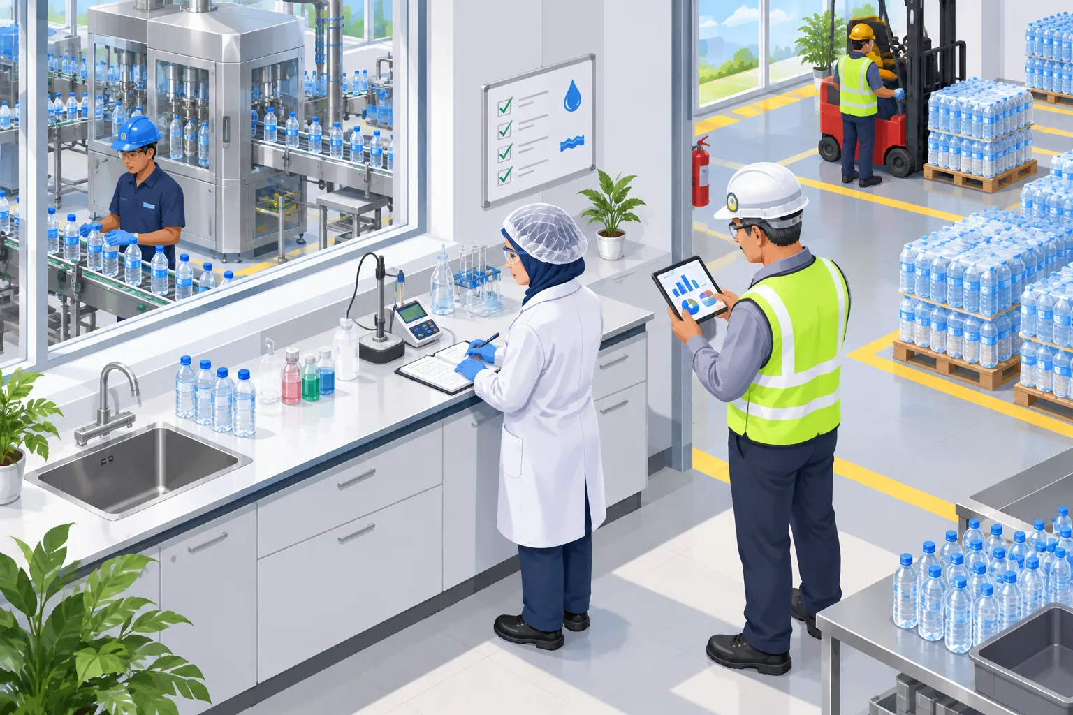 Ilustrasi isometrik analis QC mencatat pembacaan pH di meja laboratorium pada pagi hari.