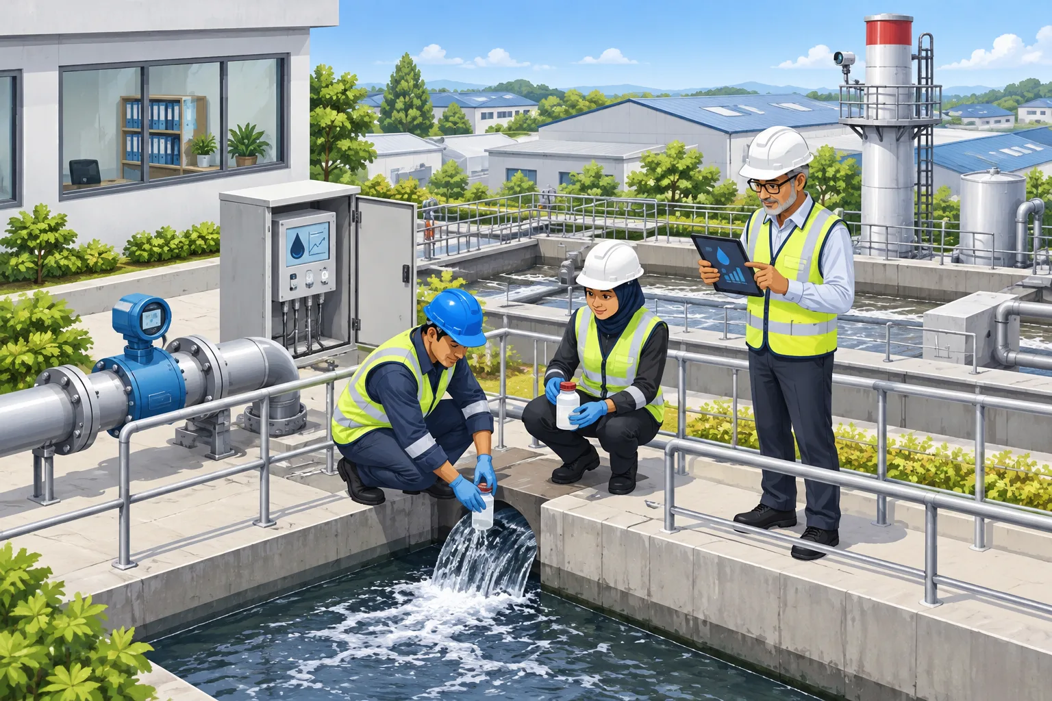 Ilustrasi isometrik inspektur lingkungan mengambil sampel air di saluran outlet pabrik tekstil.