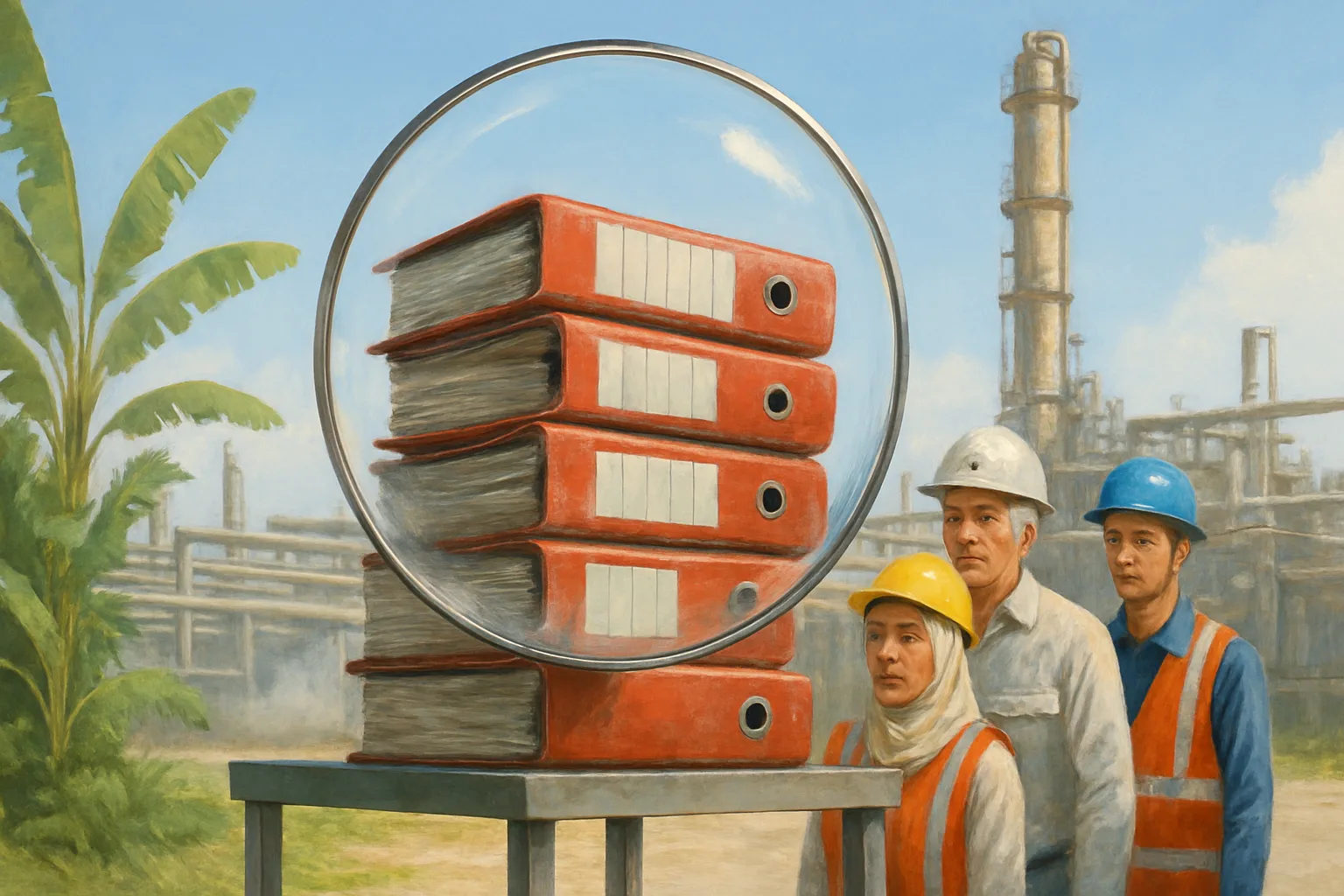 Ilustrasi lensa besar di atas tumpukan berkas yang tampak jelas saat diperiksa.